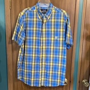 Chaps Men's Vibrant Blue and Yellow Plaid Shirt EUC